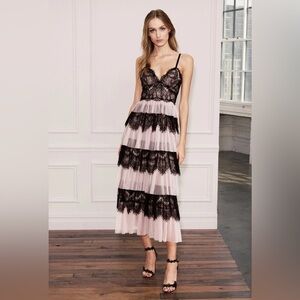 Marchesa Notte Blush Pink  Black Tulle & Lace Midi Tea Dress size 8